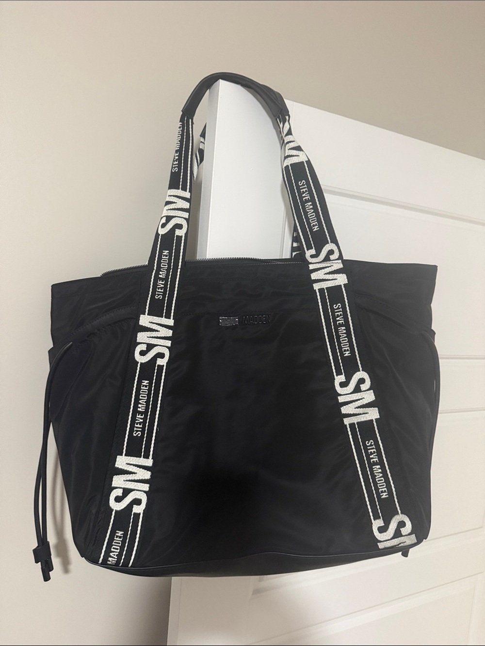 Steve Madden Black Nylon Tote with White Logo Straps